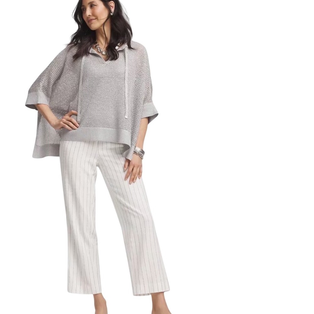 Chico's Metallic Striped Straight Cropped Pants White Silver 1.5 US 10 NWOT